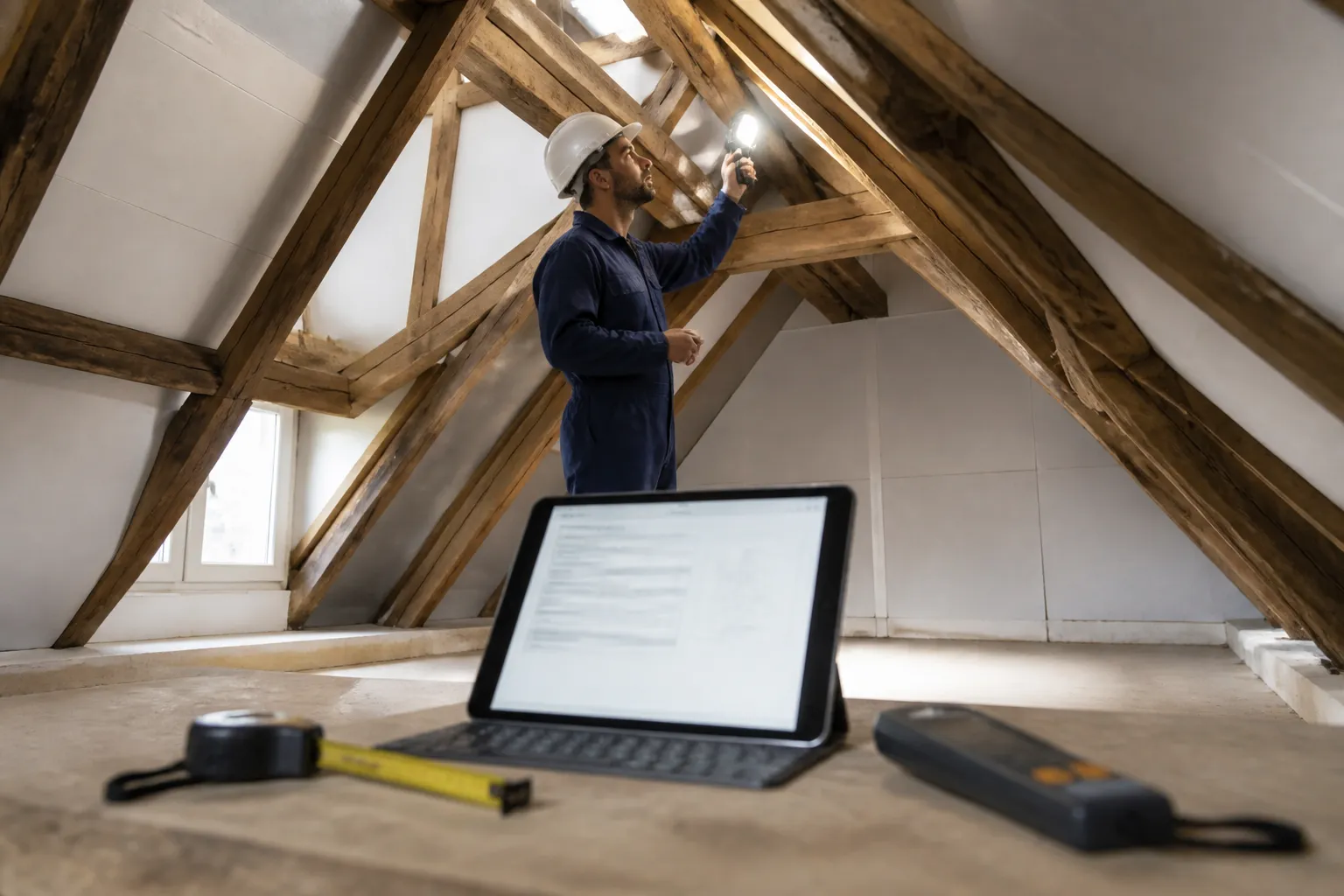 bouwkundige inspecteur controleert houten dakconstructie op zolder van oudere woning