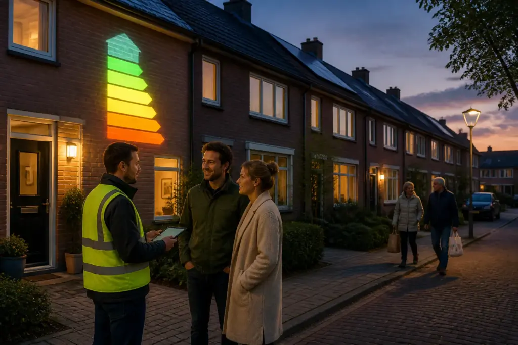 bewoners spreken met energieadviseur voor huis met geprojecteerde energielabel-balk in rustige woonstraat