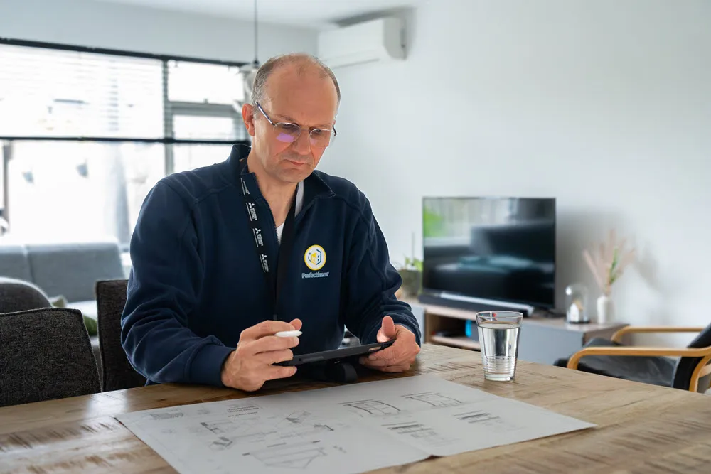 eengezinswoning met te koop-bord en energielabeldocument op tafel naast sleutelbos