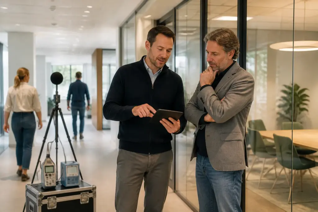 ep-adviseur toont op tablet de resultaten aan ondernemer in modern bedrijfspand met meetapparatuur op de achtergrond