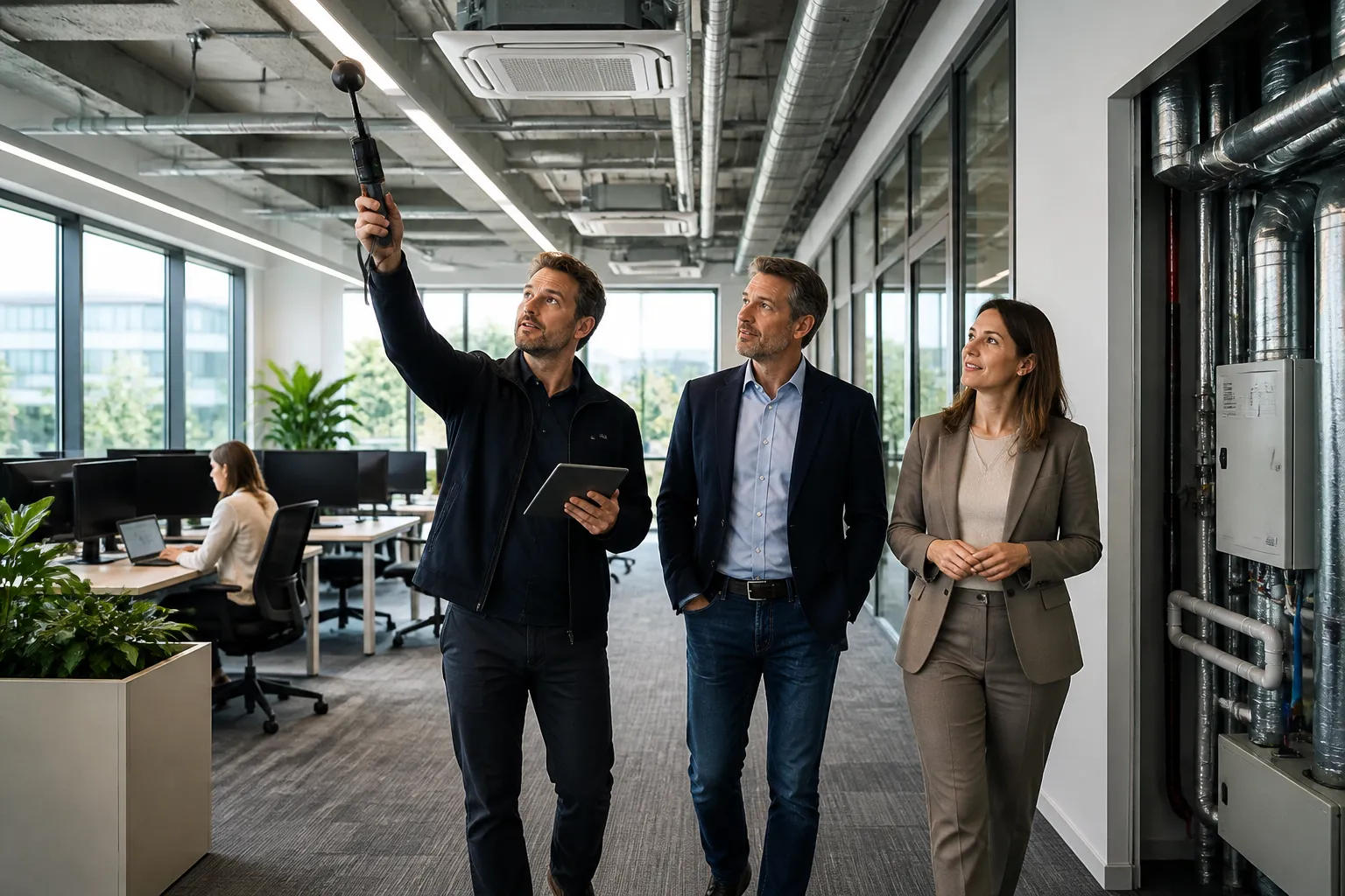ep-adviseur met tablet en meetkoffer loopt door modern kantoor met twee medewerkers