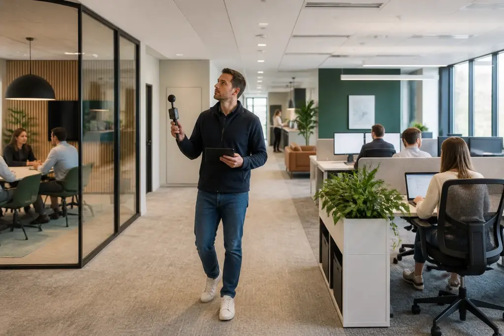 ep-adviseur met tablet en meetapparatuur loopt door moderne kantoorverdieping met werkende medewerkers