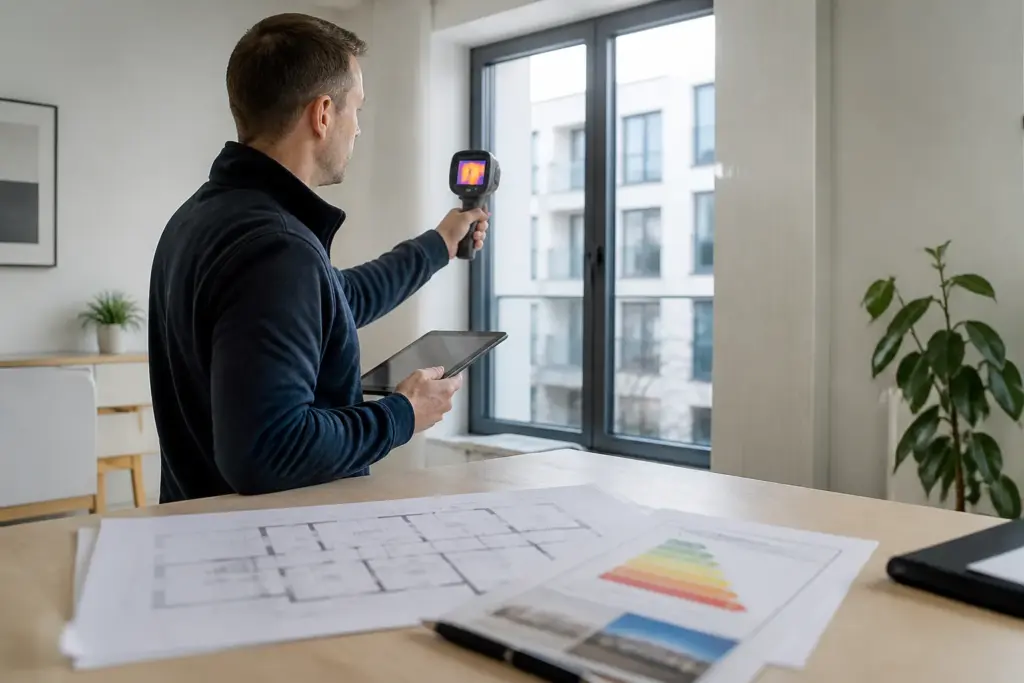 ep-adviseur met tablet en warmtebeeldcamera inspecteert een modern bedrijfspand met energielabeldocumenten op tafel
