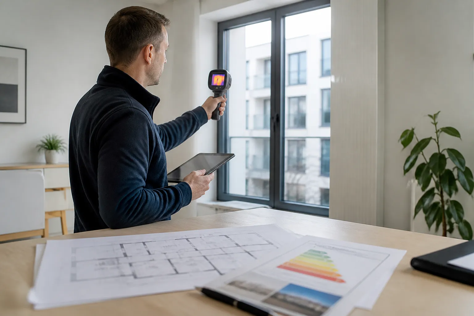 ep-adviseur met tablet en warmtebeeldcamera inspecteert een modern bedrijfspand met energielabeldocumenten op tafel