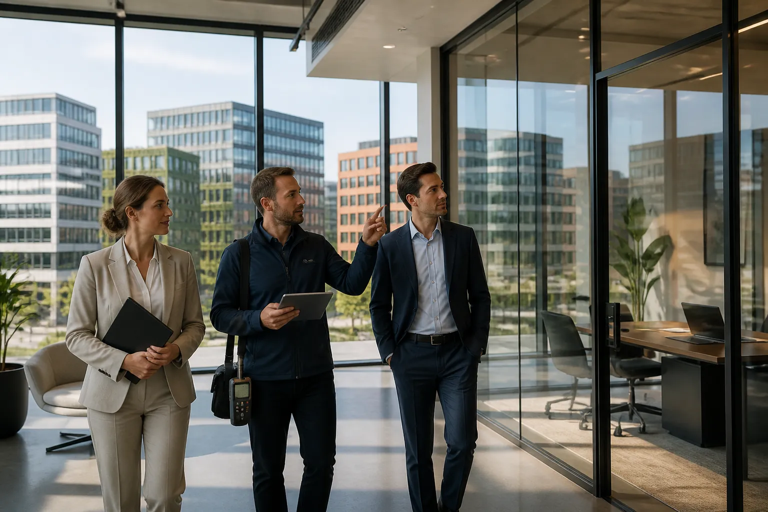 ep-adviseur met tablet vergelijkt meetresultaten met twee adviseurs in modern bedrijfspand