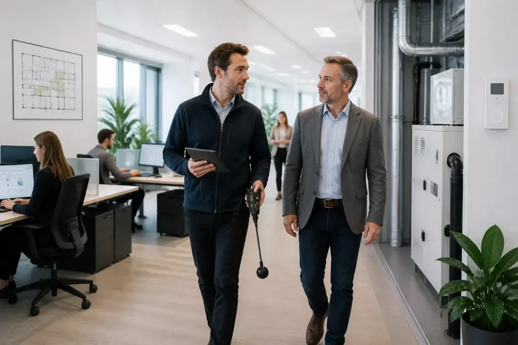 ep-adviseur met tablet en meetkoffer loopt met facilitair manager langs werkplekken in modern kantoor