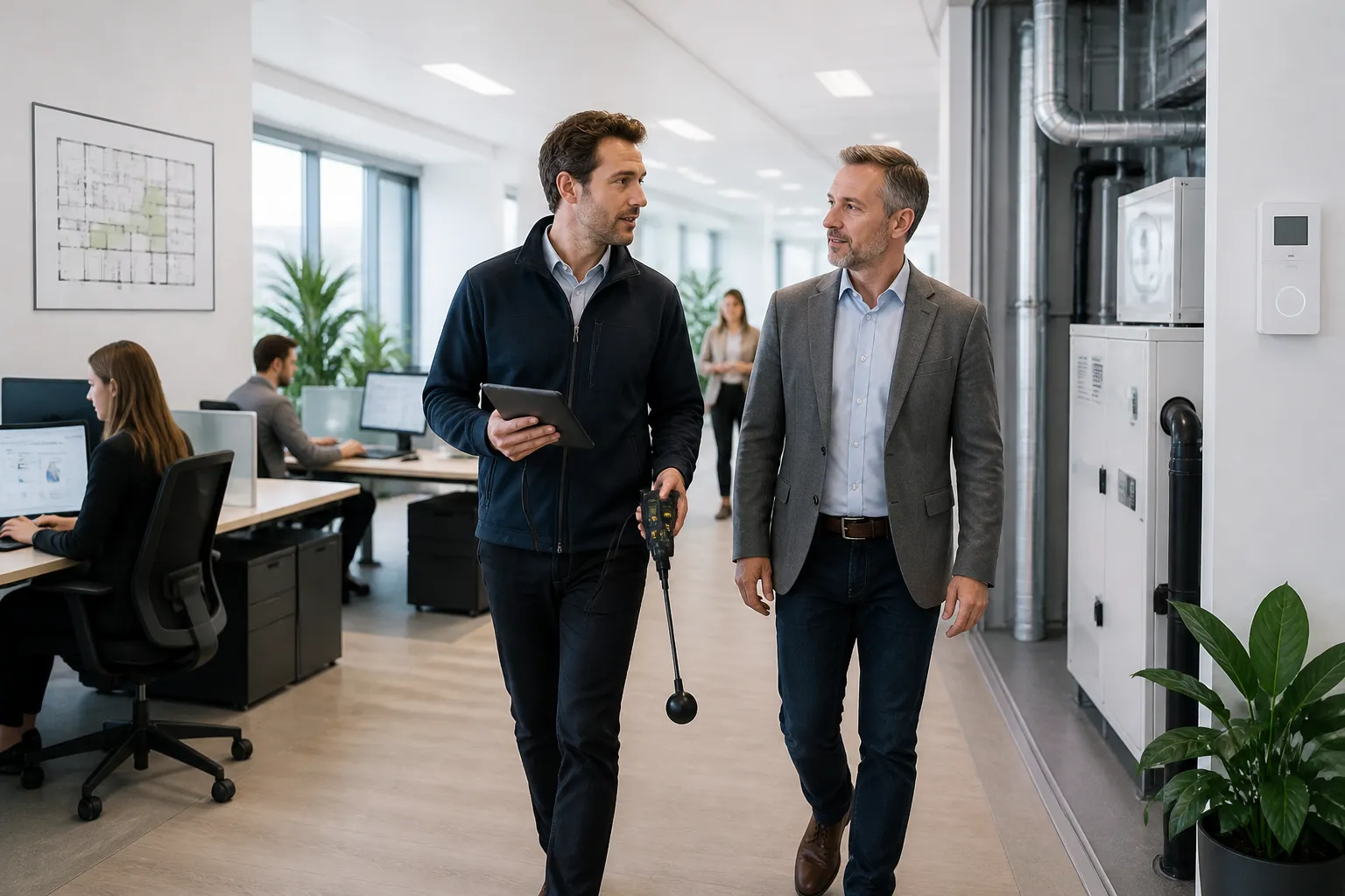 ep-adviseur met tablet en meetkoffer loopt met facilitair manager langs werkplekken in modern kantoor